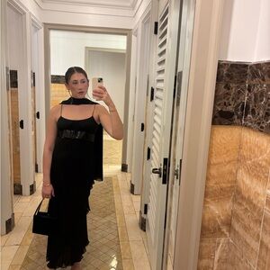 Miu Miu tiered evening gown with black sequin bow